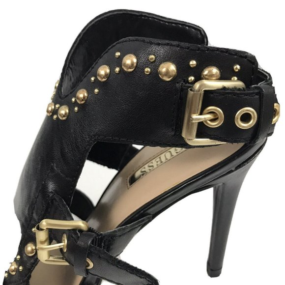 Guess GWCooper Black Studded Heels Leather Gold Tone Studs High Heel Shoe 7 N - Picture 3 of 5